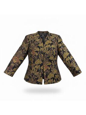 Sandra Darren Womens Black Gold Brocade Long Sleeve Blazer Jacket Size 12